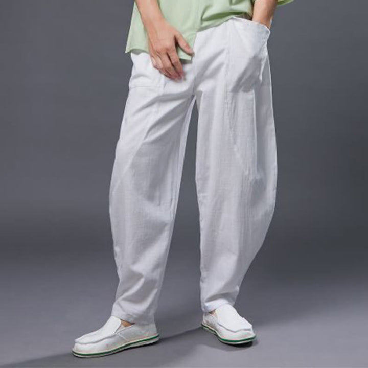 Pantalones harén de lino y algodón con ramio de color liso con cintura elástica y bolsillos para hombre de Buddha Stones - image 2