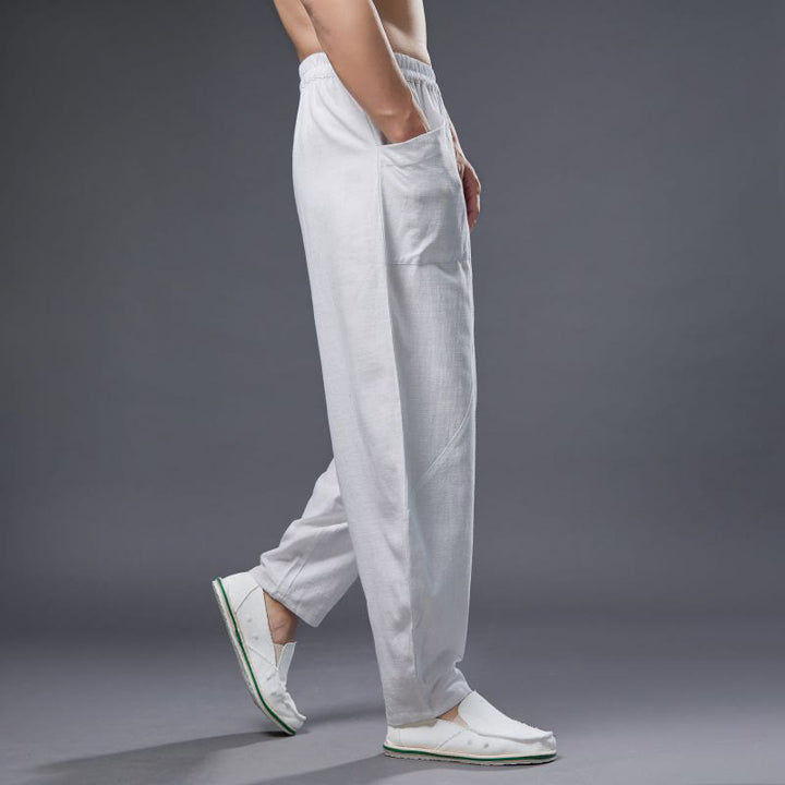 Pantalones harén de lino y algodón con ramio de color liso con cintura elástica y bolsillos para hombre de Buddha Stones