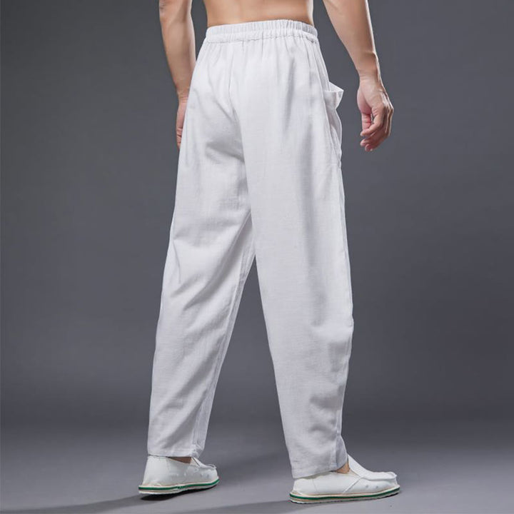 Pantalones harén de lino y algodón con ramio de color liso con cintura elástica y bolsillos para hombre de Buddha Stones - image 4