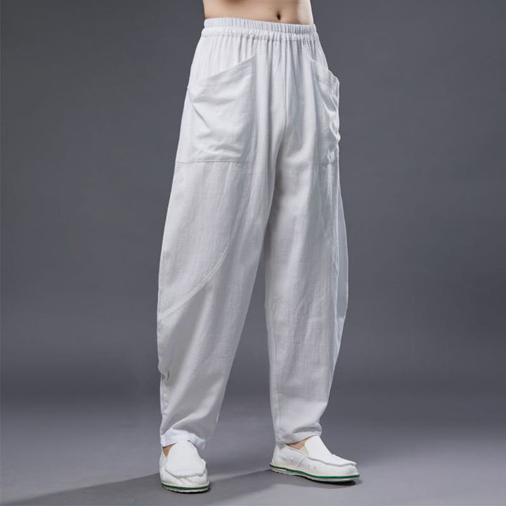 Pantalones harén de lino y algodón con ramio de color liso con cintura elástica y bolsillos para hombre de Buddha Stones - image 10