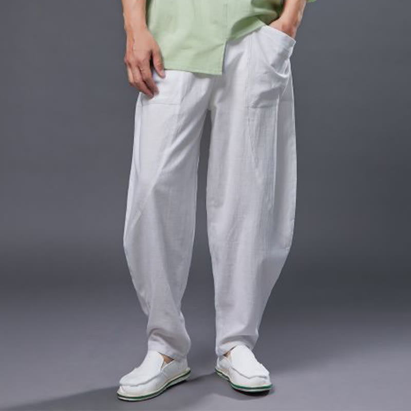 Pantalones harén de lino y algodón con ramio de color liso con cintura elástica y bolsillos para hombre de Buddha Stones