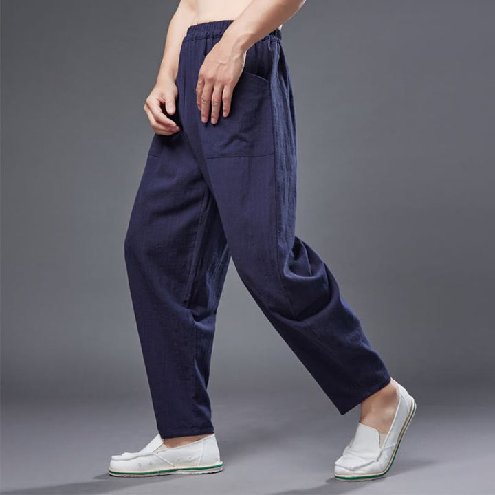 Pantalones harén de lino y algodón con ramio de color liso con cintura elástica y bolsillos para hombre de Buddha Stones