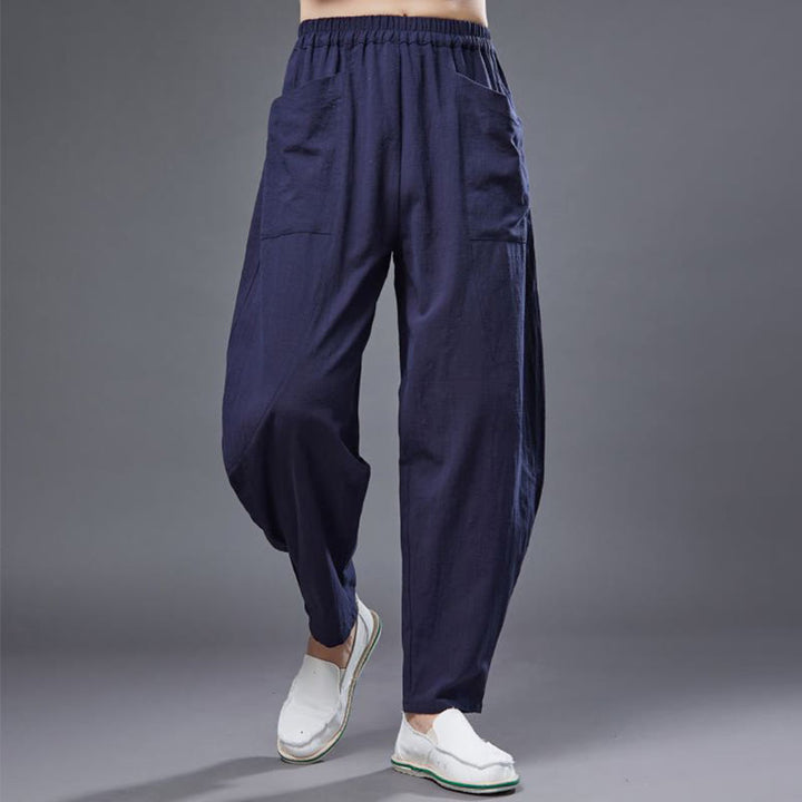Pantalones harén de lino y algodón con ramio de color liso con cintura elástica y bolsillos para hombre de Buddha Stones