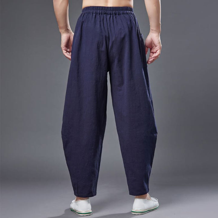 Pantalones harén de lino y algodón con ramio de color liso con cintura elástica y bolsillos para hombre de Buddha Stones - image 14