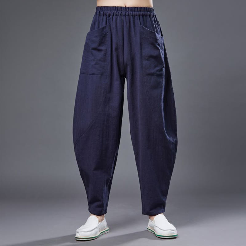 Pantalones harén de lino y algodón con ramio de color liso con cintura elástica y bolsillos para hombre de Buddha Stones - image 16