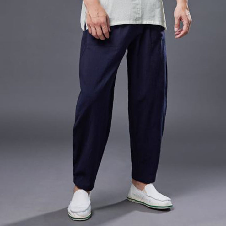 Pantalones harén de lino y algodón con ramio de color liso con cintura elástica y bolsillos para hombre de Buddha Stones - image 17
