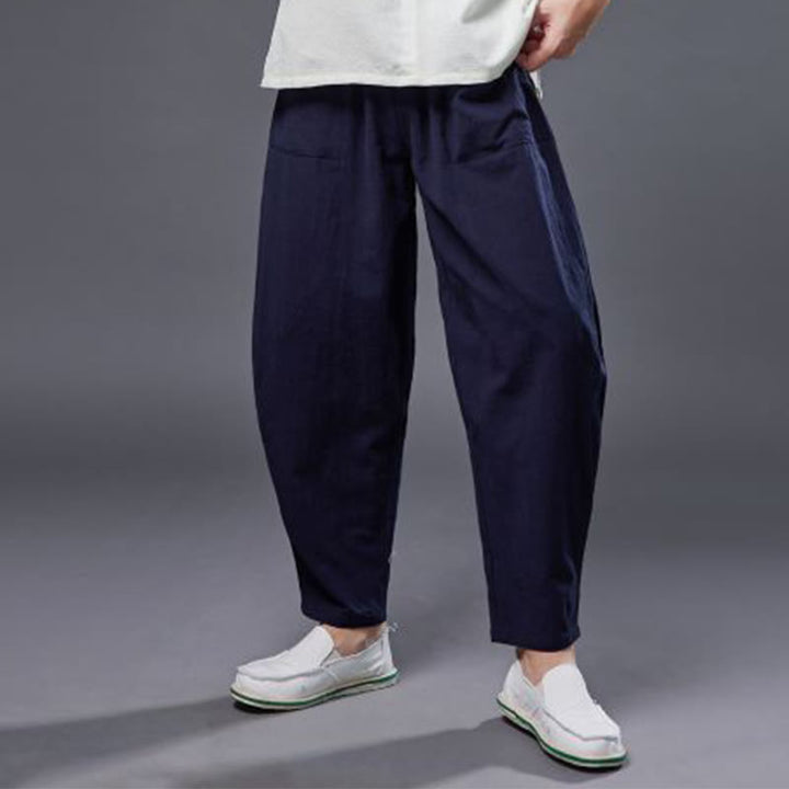 Pantalones harén de lino y algodón con ramio de color liso con cintura elástica y bolsillos para hombre de Buddha Stones - image 13