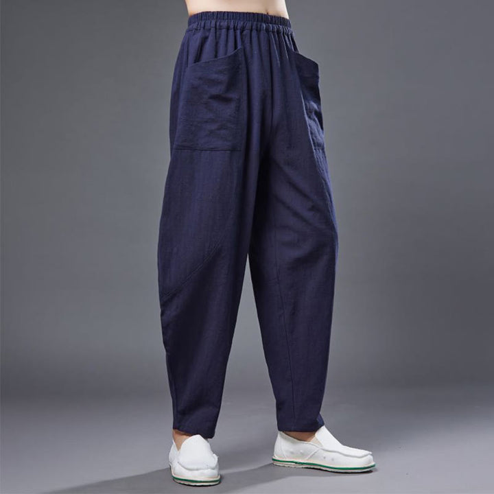 Pantalones harén de lino y algodón con ramio de color liso con cintura elástica y bolsillos para hombre de Buddha Stones - image 12