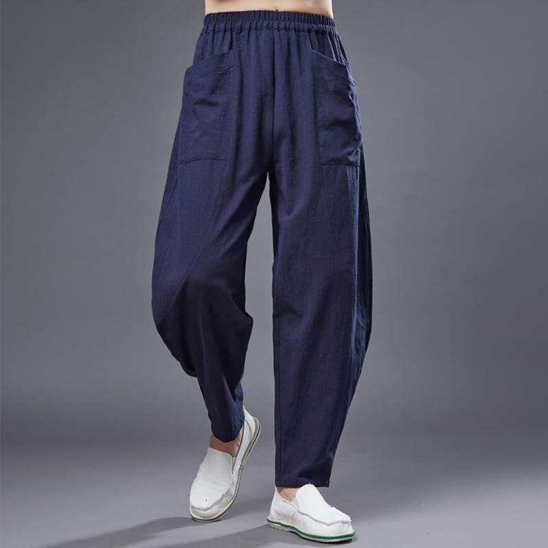 Pantalones harén de lino y algodón con ramio de color liso con cintura elástica y bolsillos para hombre de Buddha Stones - Azul acero - US/UK/AU38, EU48 (XL) - image 11