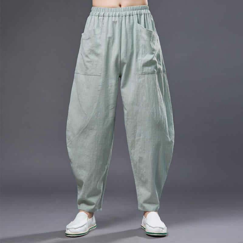 Pantalones harén de lino y algodón con ramio de color liso con cintura elástica y bolsillos para hombre de Buddha Stones