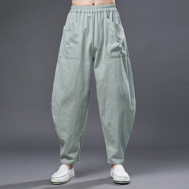 Pantalones harén de lino y algodón con ramio de color liso con cintura elástica y bolsillos para hombre de Buddha Stones - image 19