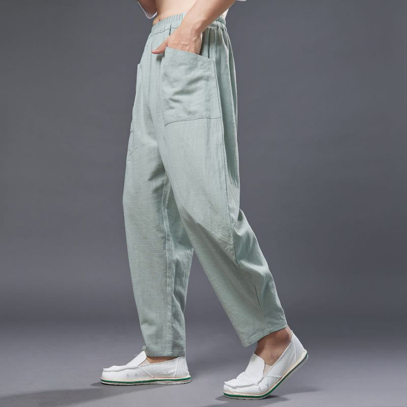 Pantalones harén de lino y algodón con ramio de color liso con cintura elástica y bolsillos para hombre de Buddha Stones - image 20