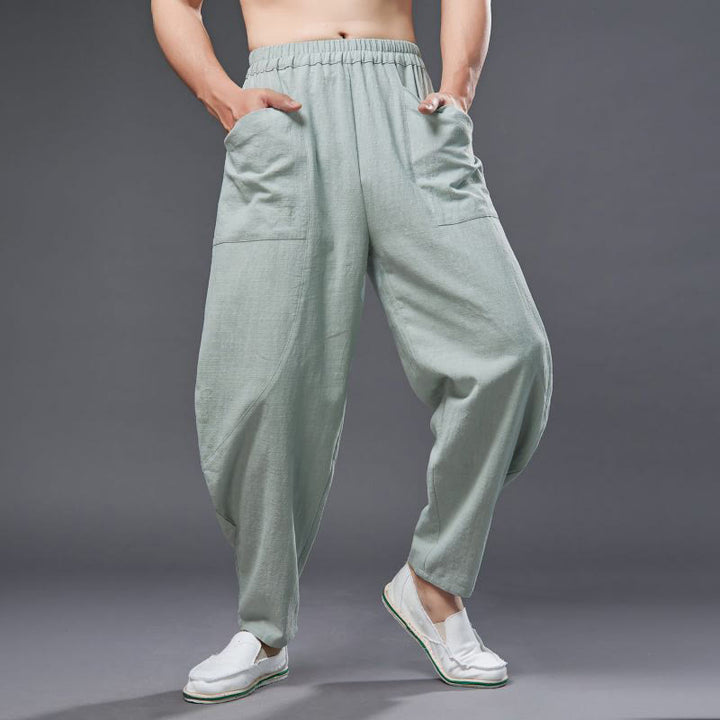 Pantalones harén de lino y algodón con ramio de color liso con cintura elástica y bolsillos para hombre de Buddha Stones