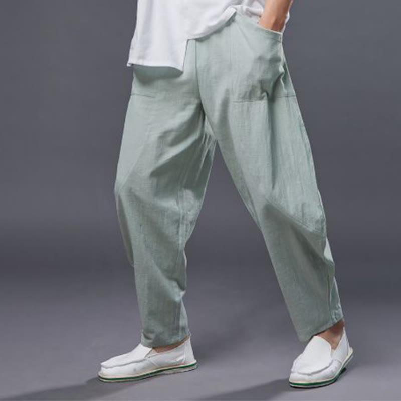 Pantalones harén de lino y algodón con ramio de color liso con cintura elástica y bolsillos para hombre de Buddha Stones - image 22
