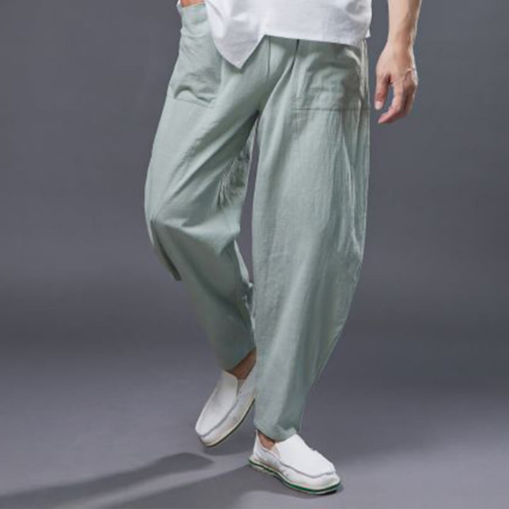 Pantalones harén de lino y algodón con ramio de color liso con cintura elástica y bolsillos para hombre de Buddha Stones