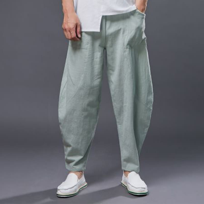 Pantalones harén de lino y algodón con ramio de color liso con cintura elástica y bolsillos para hombre de Buddha Stones - image 23