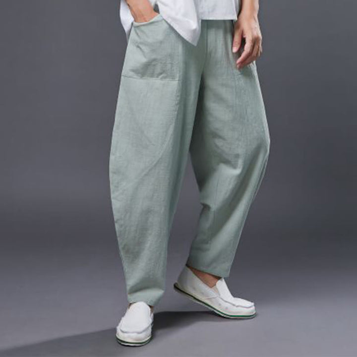 Pantalones harén de lino y algodón con ramio de color liso con cintura elástica y bolsillos para hombre de Buddha Stones - image 26