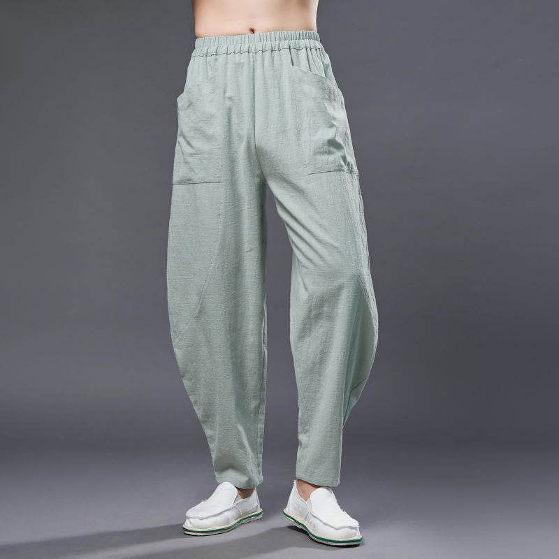 Pantalones harén de lino y algodón con ramio de color liso con cintura elástica y bolsillos para hombre de Buddha Stones - Verde pálido - US/UK/AU38, EU48 (XL) - image 18