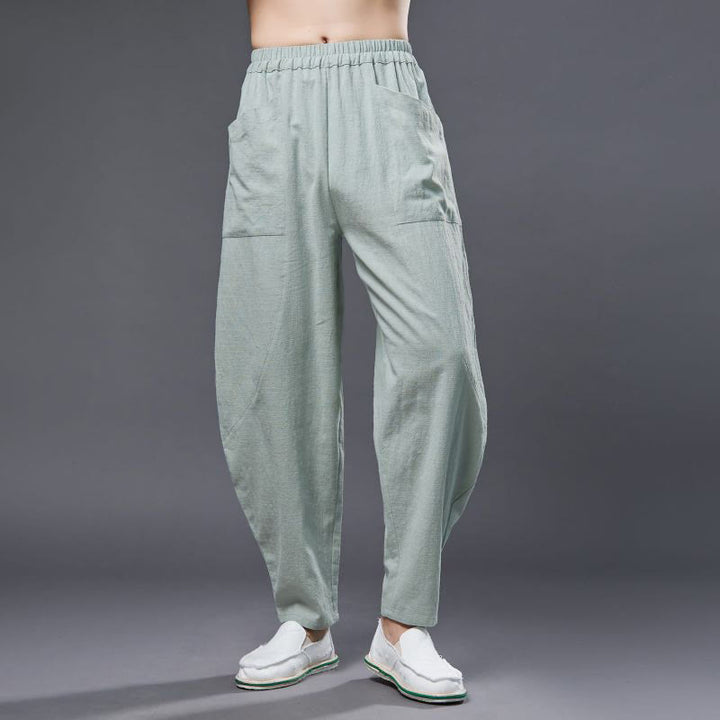 Pantalones harén de lino y algodón con ramio de color liso con cintura elástica y bolsillos para hombre de Buddha Stones - Verde pálido - US/UK/AU38, EU48 (XL) - image 18