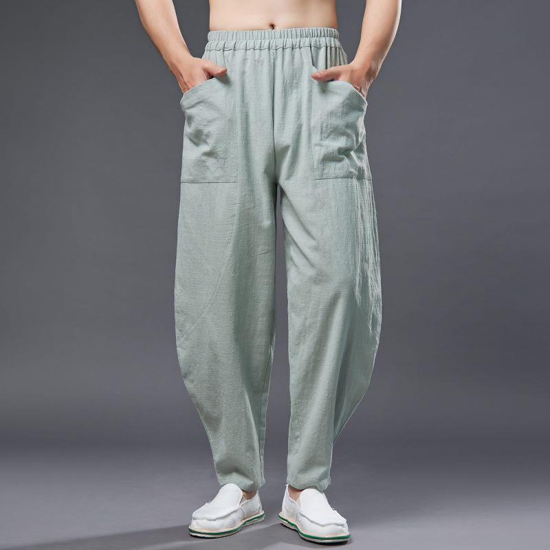 Pantalones harén de lino y algodón con ramio de color liso con cintura elástica y bolsillos para hombre de Buddha Stones - image 21