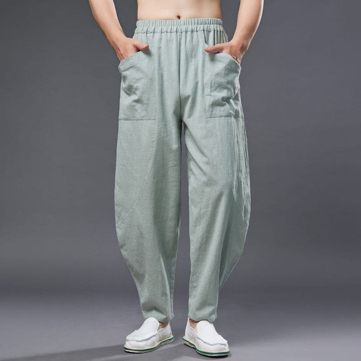 Pantalones harén de lino y algodón con ramio de color liso con cintura elástica y bolsillos para hombre de Buddha Stones - image 21