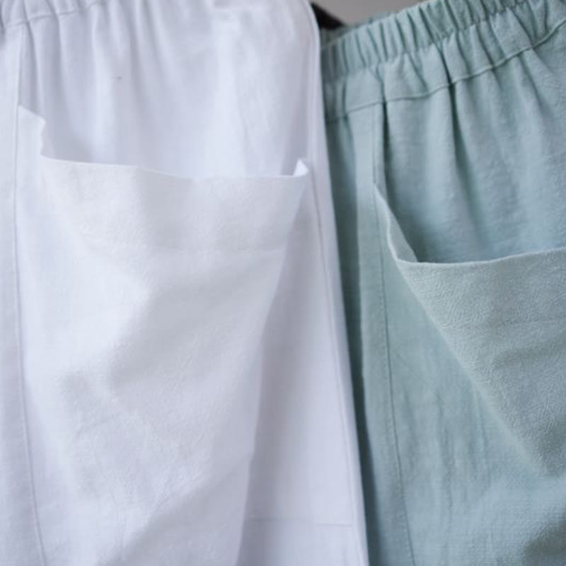 Pantalones harén de lino y algodón con ramio de color liso con cintura elástica y bolsillos para hombre de Buddha Stones - image 29