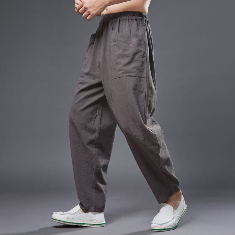 Pantalones harén de lino y algodón con ramio de color liso con cintura elástica y bolsillos para hombre de Buddha Stones - image 36