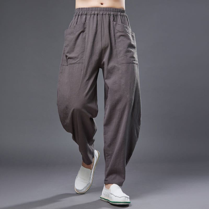 Pantalones harén de lino y algodón con ramio de color liso con cintura elástica y bolsillos para hombre de Buddha Stones - Broncearse - US/UK/AU38, EU48 (XL) - image 33