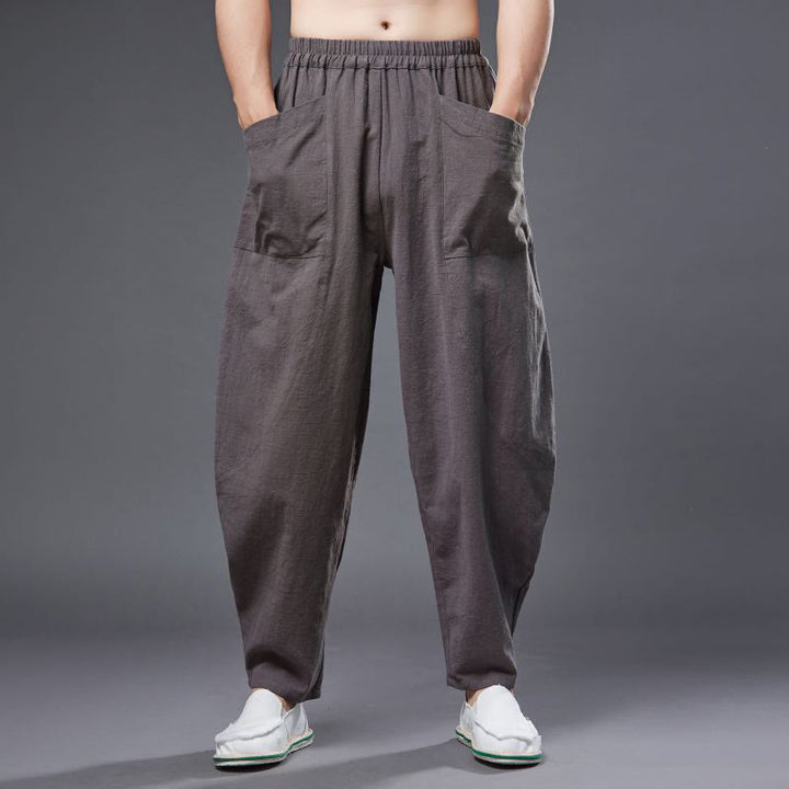 Pantalones harén de lino y algodón con ramio de color liso con cintura elástica y bolsillos para hombre de Buddha Stones - image 35