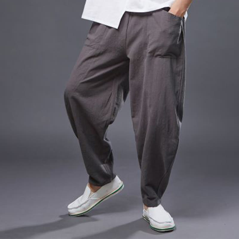 Pantalones harén de lino y algodón con ramio de color liso con cintura elástica y bolsillos para hombre de Buddha Stones - image 38
