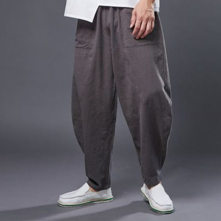 Pantalones harén de lino y algodón con ramio de color liso con cintura elástica y bolsillos para hombre de Buddha Stones - image 39