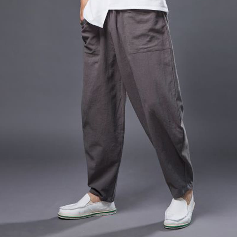 Pantalones harén de lino y algodón con ramio de color liso con cintura elástica y bolsillos para hombre de Buddha Stones
