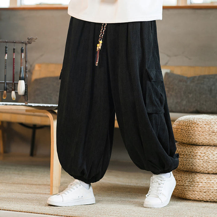 Pantalones cargo de pana de chenilla con cordón y bolsillos para hombre de Buddha Stones para otoño e invierno - Negro - US/UK/AU46, EU56 (5XL) - image 0