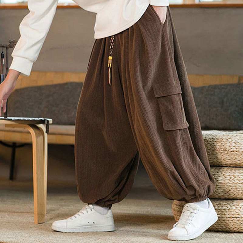 Pantalones cargo de pana de chenilla con cordón y bolsillos para hombre de Buddha Stones para otoño e invierno - image 23