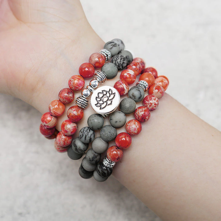 Buddha Stones 108 cuentas Mala piedra natural sedimento marino jaspe pulsera de protección de loto