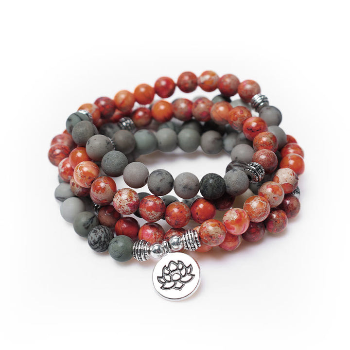 Buddha Stones 108 cuentas Mala piedra natural sedimento marino jaspe pulsera de protección de loto