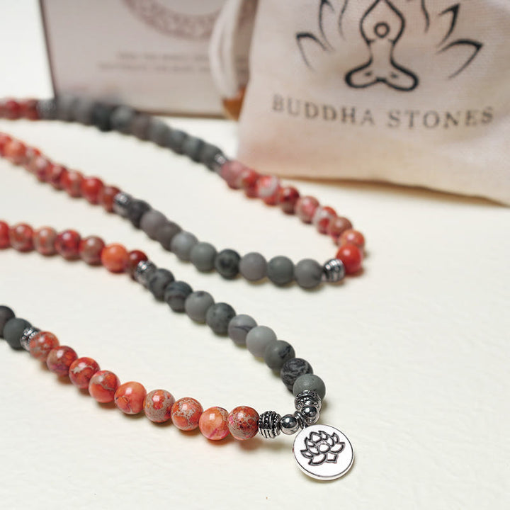 Buddha Stones 108 cuentas Mala piedra natural sedimento marino jaspe pulsera de protección de loto