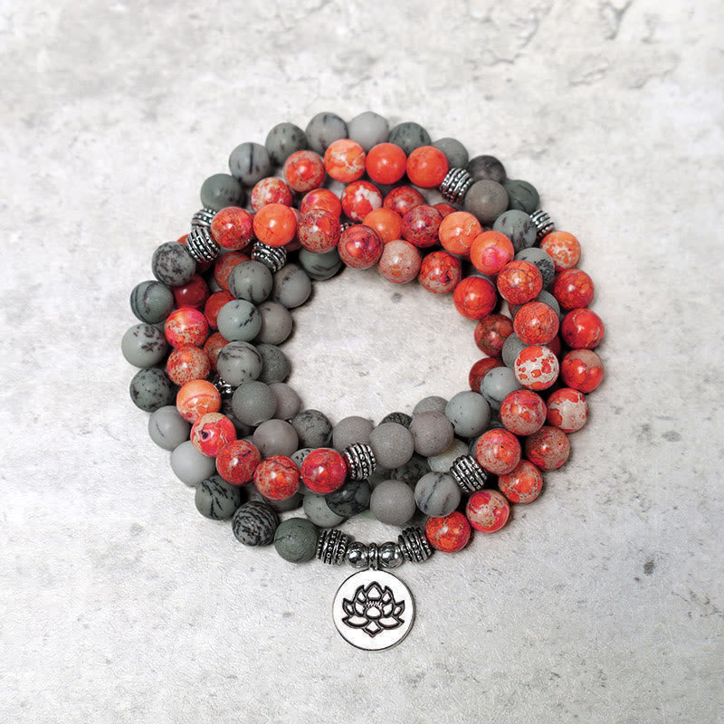 Buddha Stones 108 cuentas Mala piedra natural sedimento marino jaspe pulsera de protección de loto