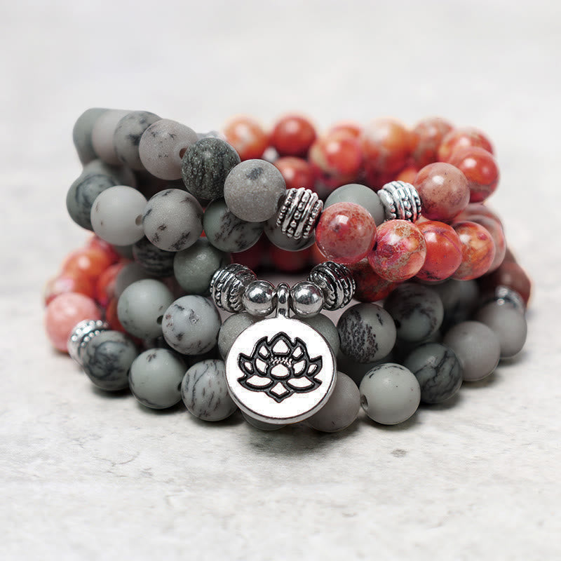 Buddha Stones 108 cuentas Mala piedra natural sedimento marino jaspe pulsera de protección de loto