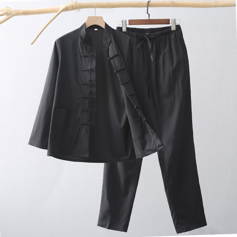 Conjunto de 2 piezas de camisa y pantalones de manga larga con botones de rana y traje tradicional de Tang con Buddha Stones para hombre - Negro - US/UK/AU44, EU54 (4XL) - image 10