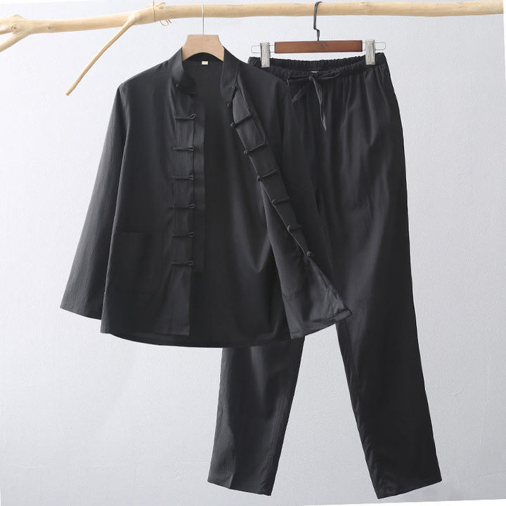 Conjunto de 2 piezas de camisa y pantalones de manga larga con botones de rana y traje tradicional de Tang con Buddha Stones para hombre - Negro - US/UK/AU44, EU54 (4XL) - image 10