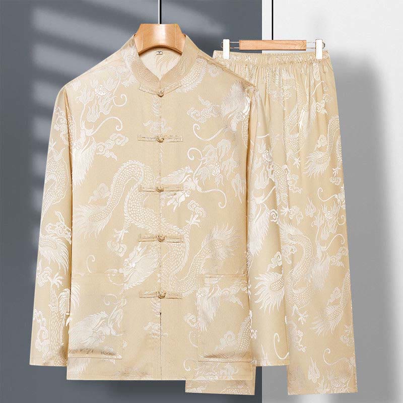 Conjunto de 2 piezas de camisa y pantalones de manga larga con botones de rana y dragón para hombre con Buddha Stones