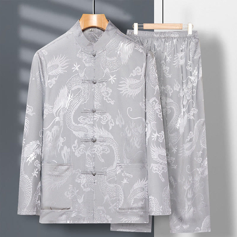 Conjunto de 2 piezas de camisa y pantalones de manga larga con botones de rana y dragón para hombre con Buddha Stones - Gris claro - US/UK/AU42, EU52 (3XL) - image 8