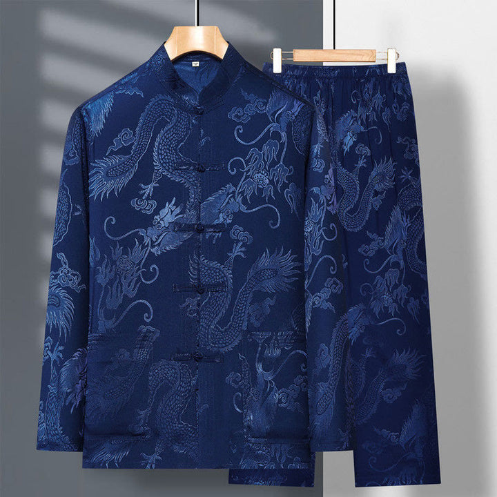 Conjunto de 2 piezas de camisa y pantalones de manga larga con botones de rana y dragón para hombre con Buddha Stones