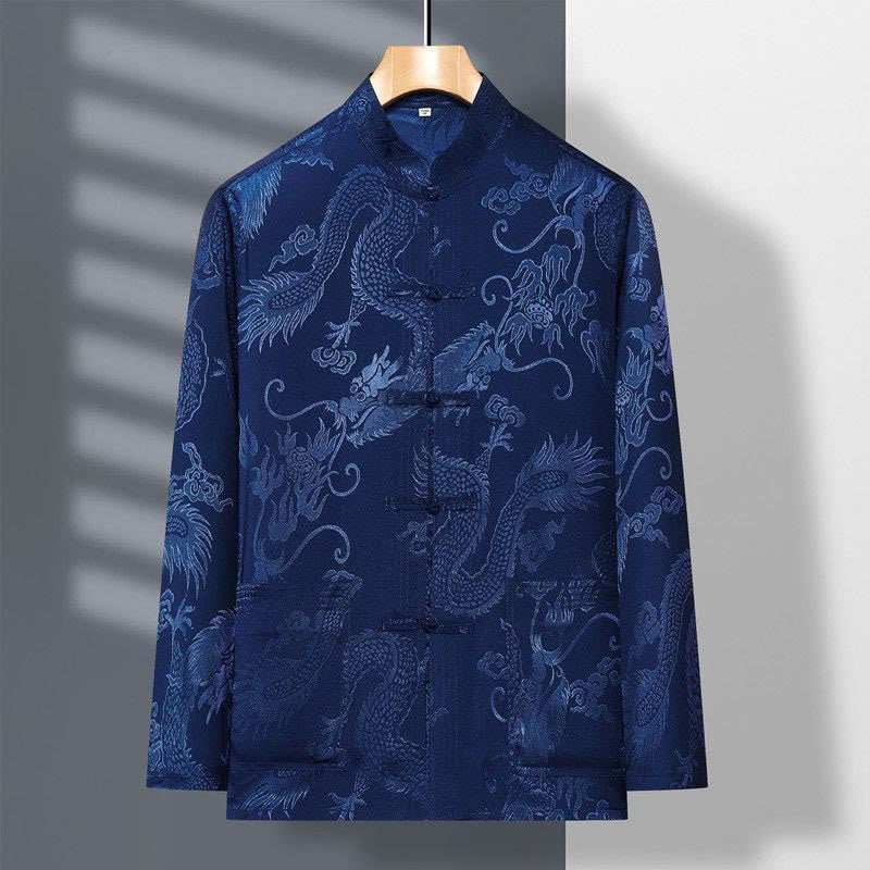 Conjunto de 2 piezas de camisa y pantalones de manga larga con botones de rana y dragón para hombre con Buddha Stones