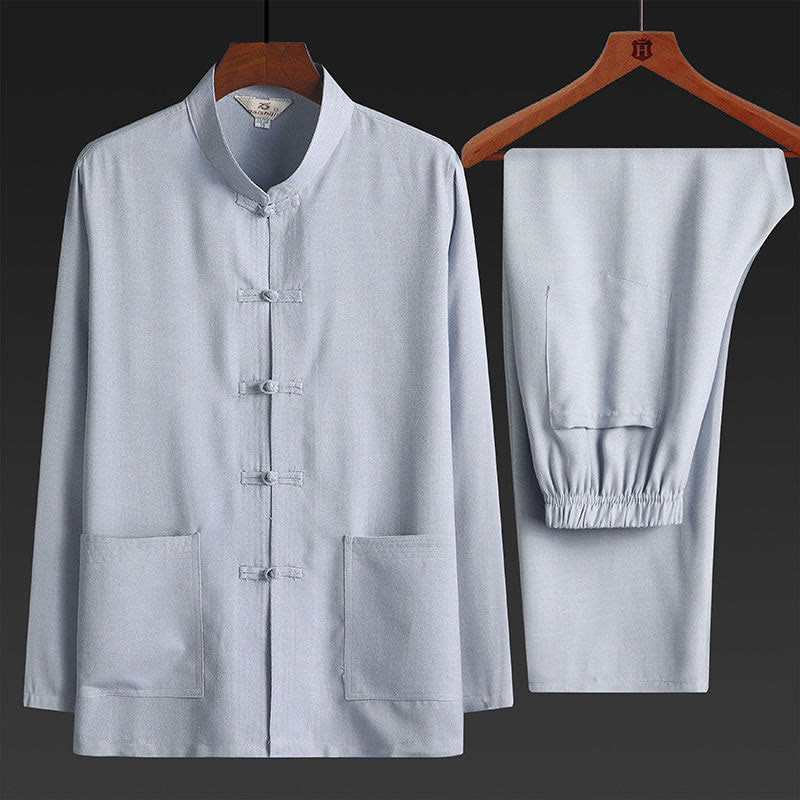 Conjunto de 2 piezas de traje Tang con botones de rana y camisa de manga larga para hombre, color liso, con Buddha Stones - Gris claro - Juego de 2 piezas - US/UK/AU42, UE 52 (4XL) - image 3