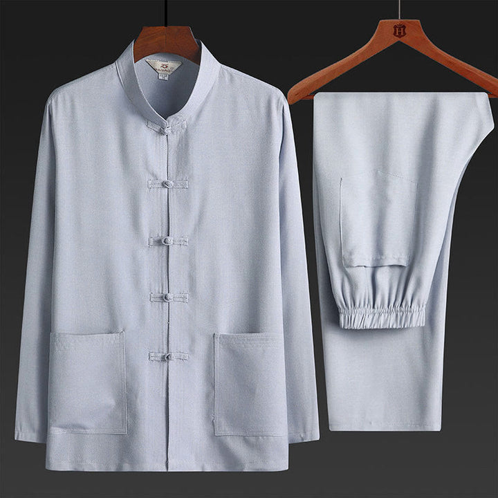 Conjunto de 2 piezas de traje Tang con botones de rana y camisa de manga larga para hombre, color liso, con Buddha Stones - Gris claro - Juego de 2 piezas - US/UK/AU42, UE 52 (4XL) - image 3