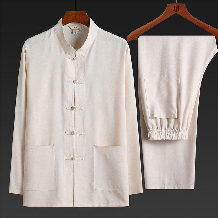 Conjunto de 2 piezas de traje Tang con botones de rana y camisa de manga larga para hombre, color liso, con Buddha Stones - Lino - Juego de 2 piezas - US/UK/AU42, UE 52 (4XL) - image 16