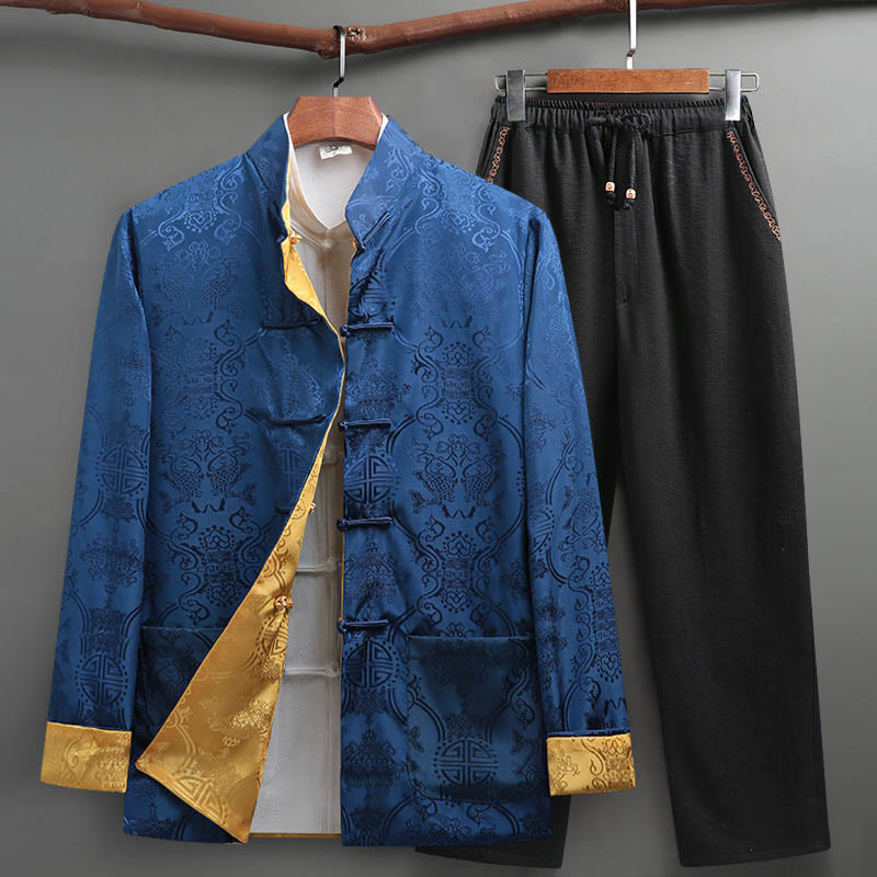 Conjunto de 2 Buddha Stones de traje Tang para hombre con estampado de peces Koi y botones de rana, camisa de manga larga y pantalones - Azul real - US/UK/AU42, EU52 (3XL) - image 7