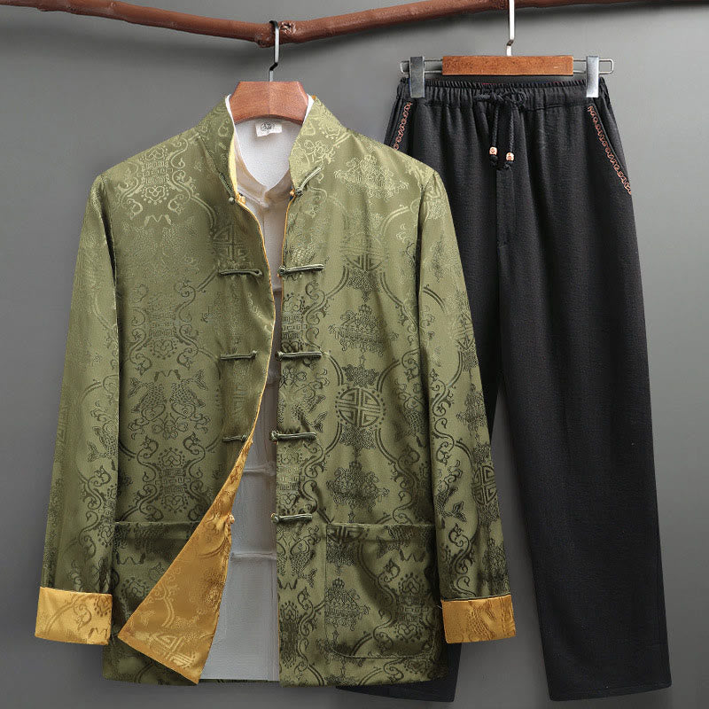 Conjunto de 2 Buddha Stones de traje Tang para hombre con estampado de peces Koi y botones de rana, camisa de manga larga y pantalones - Verde amarillento - US/UK/AU42, EU52 (3XL) - image 22